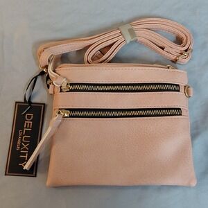 Deluxity Los Angeles Blush Pink Crossbody Bag Multi Zip Gold Tone NWT